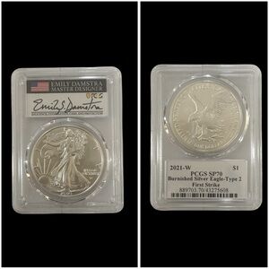 EMILY DAMSTRA  2021-W Signed PCGS SP70  Silver Eagle -Type 2 First‎ Strike Coin